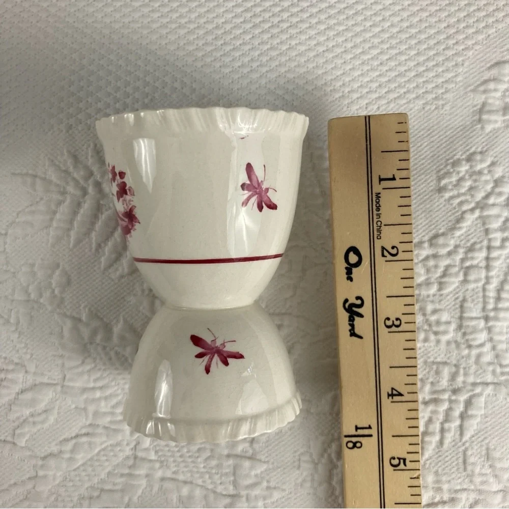 Spode vintage pink red pheasant bird transfer ware double egg cups porcelain